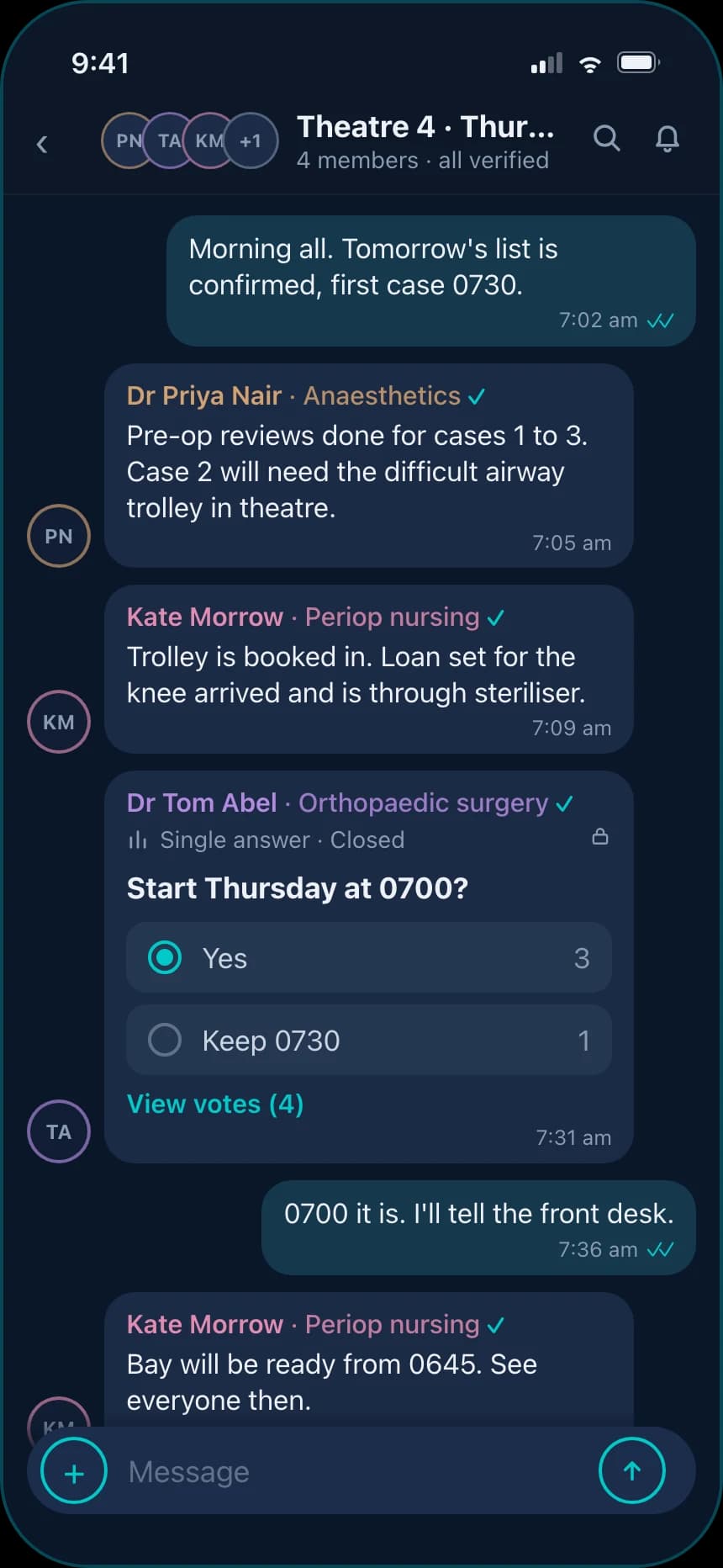 Synapse Chat group thread: a verified perioperative team coordinating a theatre list